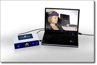 Quantum Biofeedback equipment includes a laptop, the INDIGO, head harness, and limb straps.